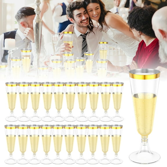 50Pcs Champagne Flutes Glasses PP Gold Flute Glasses Unbreakable Clear Champagne Flutes Easy to Clean Tall Champagne Glasses Easy to Grip Mimosa Glasses for Weddings Parties