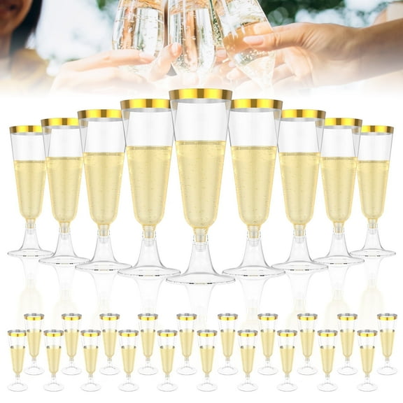 50Pcs Champagne Flutes Glasses PP 5 oz Gold Flute Glasses Unbreakable Clear Champagne Flutes Easy to Clean Tall Champagne Glasses Easy to Grip Mimosa Glasses for Weddings Parties