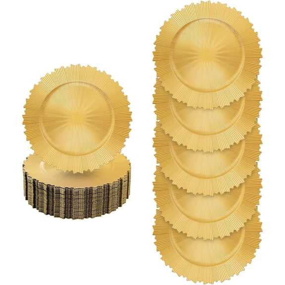 50Pcs Charger Plates Set Round Gold Serving Plate, 13in Gold Plastic Reusable Dinner Charger Plates Table Decoration, for Wedding Party Baby Shower (Scalloped Border-50)