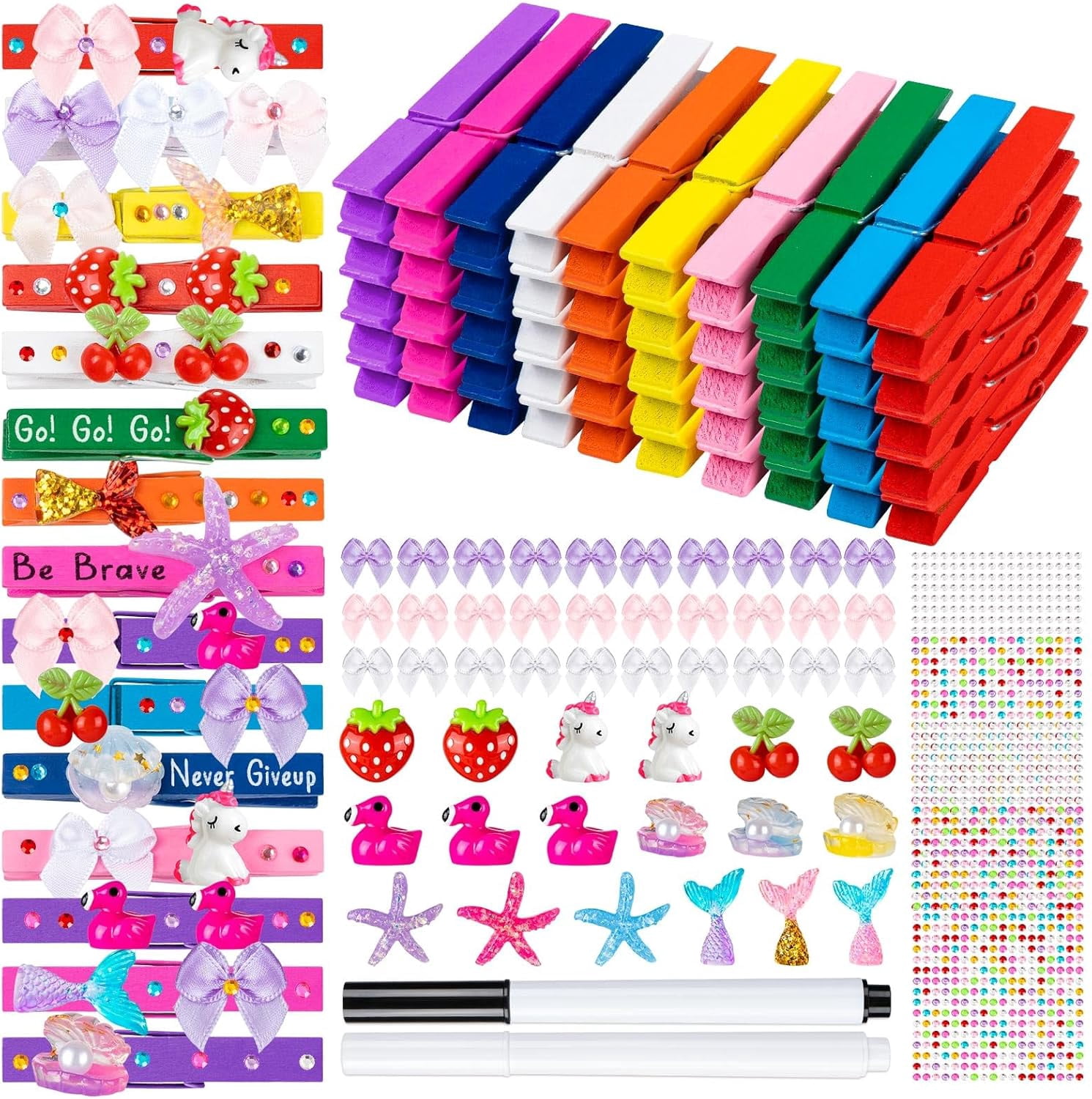 50Pcs Cheer Pins Kits Include 50 Wooden Clothes Pins 10 Colors, 48 Ornaments for DIY Making, 2 Gem Stickers, 2 Marker Pens for Classroom Crafts and Cheerleading Accessories
