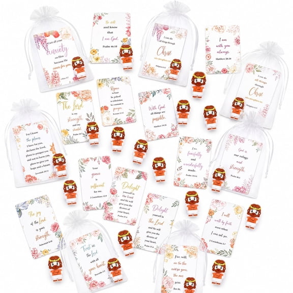 50Pcs Christian Mini Figurines with Bible Verse Cards, Religious Party Favors Gift Set with Organza Bags, Tabletop Decorations for Baptism, Communion, Church Events and Prayer Gatherings