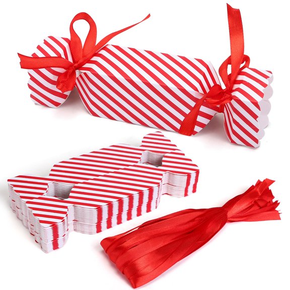 50Pcs Christmas Candy Boxes, Empty Treat Boxes with Ribbon, Decoration Gift Boxes Party Favor Boxes Cookie Boxes for Xmas, Wedding Party Wrap Bag, Red