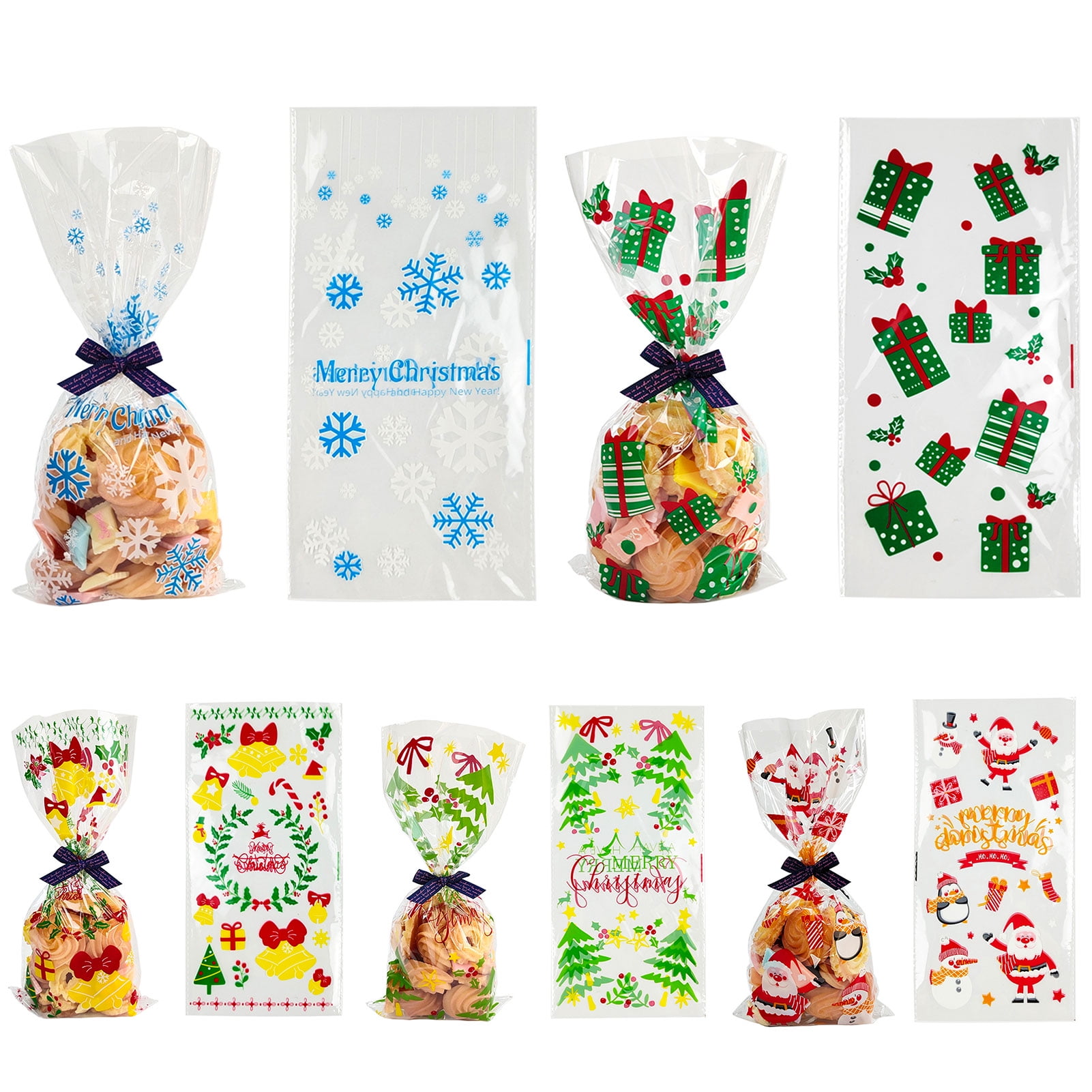 50Pcs Christmas Cellophane Treat Bags, Plastic Christmas Bags for Candy, Cookie, Goodies