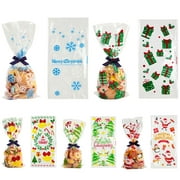 50Pcs Christmas Cellophane Treat Bags, Plastic Christmas Bags for Candy, Cookie, Goodies, Present Wrap, Xmas Party Favor Supplies