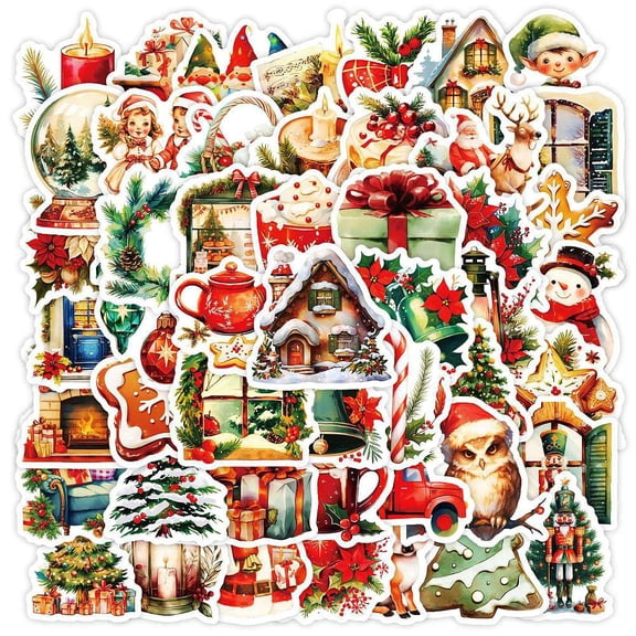 50Pcs Christmas Eve Theme Cartoon Paper Stickers Self-Adhesive Decals for Water Bottles Laptop Phone Skateboard Decoration Mixed Color 40~52x35~51x0.3mm