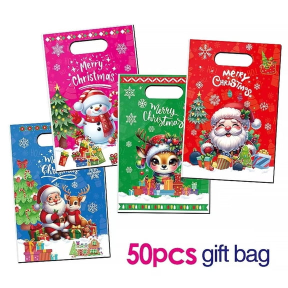 50Pcs Christmas Gift Bags with Handles Xmas Treat Bags Santa Claus Plastic Candy Goodie Snack Bags Bulk for Christmas Party Decorations Supplies Favors