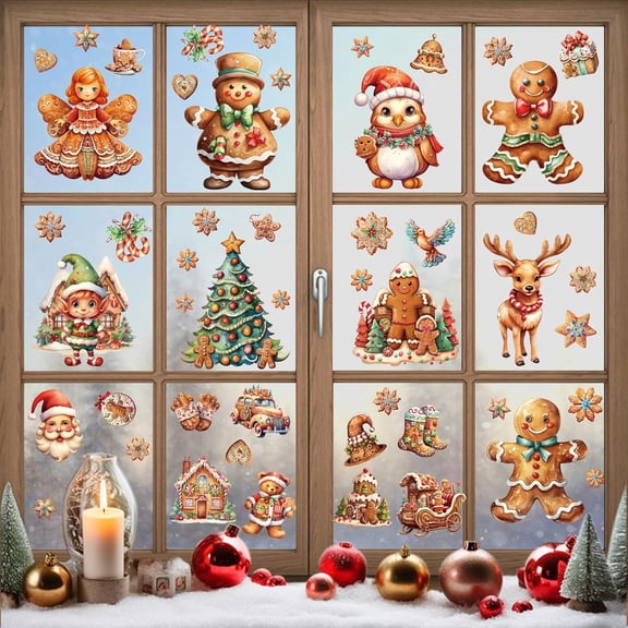 50Pcs Christmas Gingerbread Candy Reindeer Xmas Tree Snowflakes Window Clings Stickers, Double Side Removable Christmas Window Decorations for Glass Windows Xmas Holiday Home Office Party Decor 