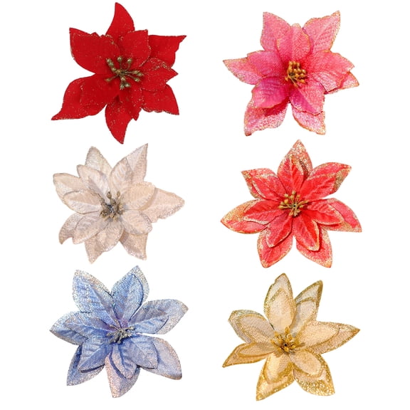 50Pcs Christmas Glitter Poinsettia Flowers 5" Artificial Christmas Flowers Decorations Faux Xmas Flower for Wedding Xmas Tree New Year Ornaments