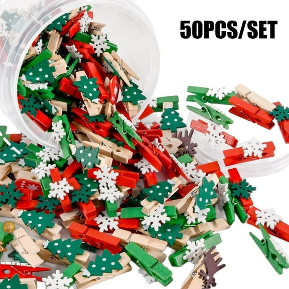 50Pcs Christmas Wood Clips Christmas Tree Photo Clips Elk Gloves Snowflake Clothespins DIY Photo Pegs for Home School Art Craft Decor