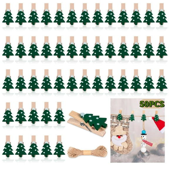 50Pcs Christmas Wooden Clips Mini Wooden Photo Pegs Xmas Photo Holder Picture Holder for Xmas Tree Holiday Office Home Hanging Decor