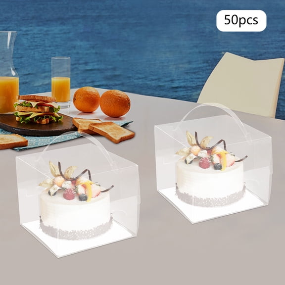 50Pcs Clear Cake Boxes with Handles & Cake Boards,5.9X5.9X5.1Inches Plastic Cupcake Candy Display Boxes Portable Single Cake Containers,Clear Gift Boxes for Birthday,Wedding & Festival Party