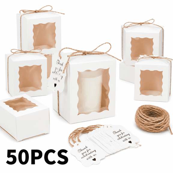 50Pcs Clear Candle Gift Box with Twine & Thank You Label, 3.35" 3.35" 3.94"Candle Containers, Simple Style Cardboard Gift Boxes with Lids, Suitable for Birthday, Wedding, Celebration, Party