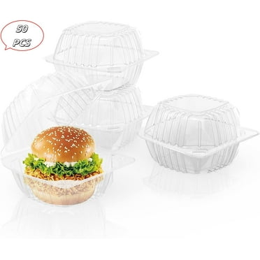 50Pcs Clear Plastic Disposable Clamshell Container, Hinged Take Out Clamshell Dessert Container with Lid Takeout Tray Disposable Food Clamshell Containers for Dessert, Cakes, Sandwiches