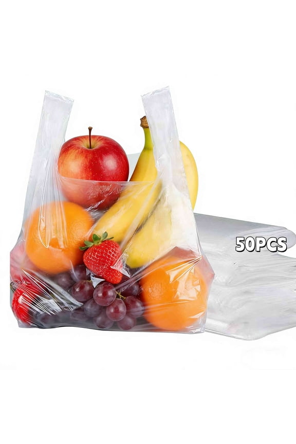 50Pcs Clear T-Shirt Shopping Bags, 11.8" x 17.7" Plastic Grocery Bags, To Go bags, Carryout Bags for Small Business, Supermarket and Restaurant Use
