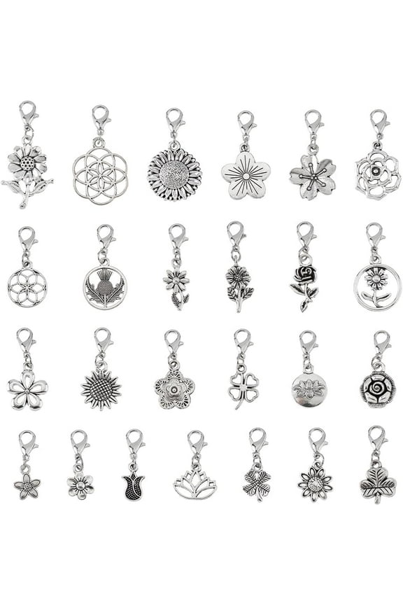 50Pcs Clip on Charm Pendants 25 Styles Silver Flower Charms with Lobster Clasps Floral Alloy Zipper Pendant for Bag Purse Keychain Jewelry Making DIY Crafts