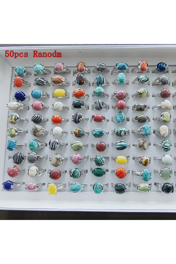 50Pcs Colorful Gem Statement Rings Bulk Wholesale, Women Fashion Rings for Party Wedding Gift