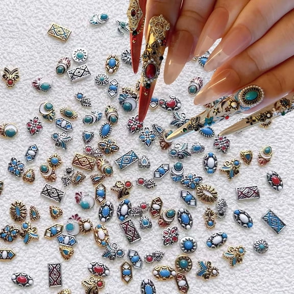 50Pcs Colorful Rock Nail Charms Retro Metal Bohemia Nail Art Charms Retro Alloy Turquoise Totem Nail Diamonds 3D Western Blue White Pink Marble Gems Jewel Accessories for Manicure Art DIY