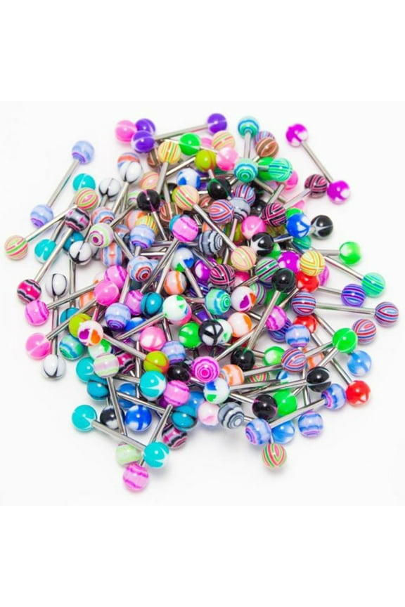 50Pcs Colorful Stainless Steel Ball Barbell Tongue Rings Bars Piercing Cosmetic