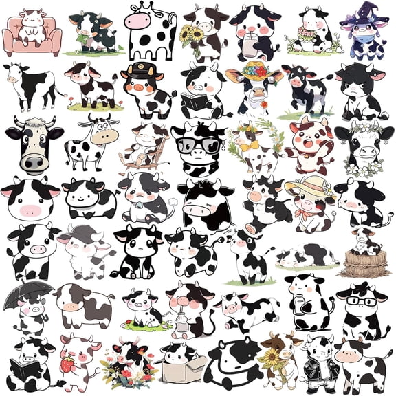 50Pcs Cows Stickers, Non-Repetitive Cows Vinyl Stickers, Cute Animal Cattle Sticker Waterproof Stickers for Water Bottle Laptop Scrapbook Decoration Party Favors Birthday Gifts