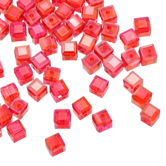 50Pcs Cube Crystal Glass Beads, 8mm Sparkle Faceted Loose Square Spacer Beads for Necklace Bracelet Earrings DIY Crafts Making (Red)