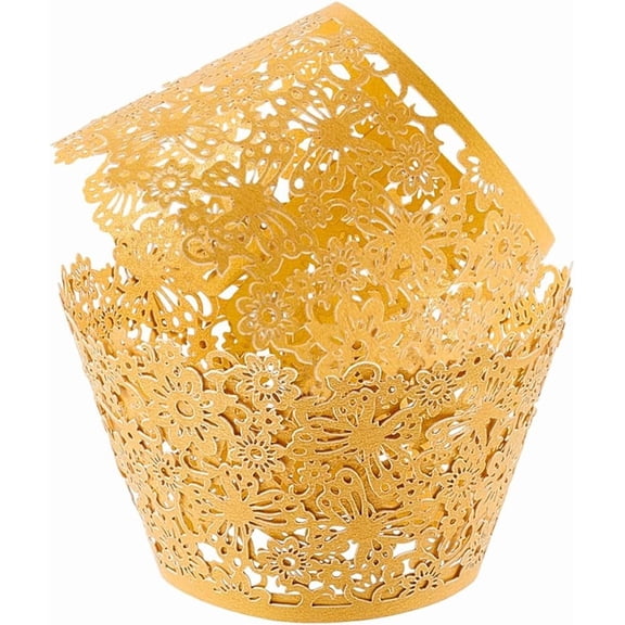 50Pcs Cupcake Wrappers Artistic Bake Cake Paper Cups Filigree Little Vine Lace Laser Cut Gold Liner Baking Cup Muffin Case Trays Cake Cups Tower Wraps for Wedding Party Birthday Decoration