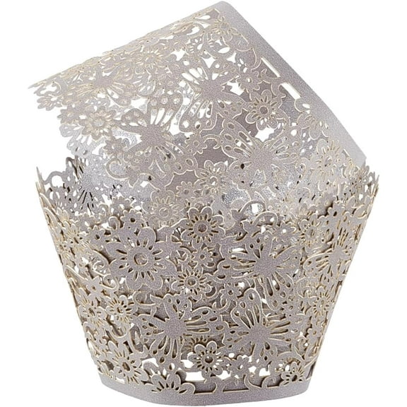 50Pcs Cupcake Wrappers Artistic Bake Cake Paper Cups Little Vine Lace Laser Cut Silver Liner Baking Cup Muffin Case Trays Cake Cups Tower Wraps