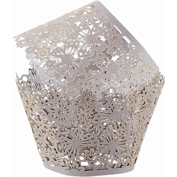 50Pcs Cupcake Wrappers Artistic Bake Cake Paper Cups Little Vine Lace Laser Cut Silver Liner Baking Cup Muffin Case Trays Cake Cups Tower Wraps