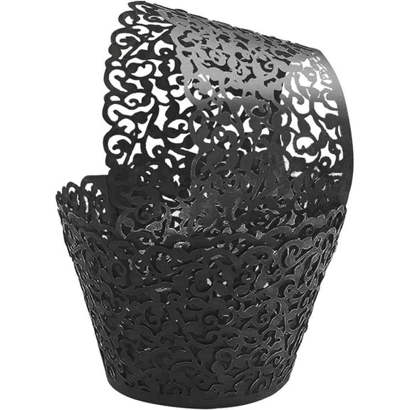 50Pcs Cupcake Wrappers Artistic Bake Cake Paper Filigree Little Vine Lace Laser Cut Liner Baking Cup Wraps Muffin CaseTrays for Wedding Party Birthday Decoration-Black