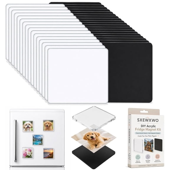 50Pcs DIY Clear Acrylic Fridge Magnet Kit with Adhesive Backing, Acrylic Refrigerator Magnets for Photos, Custom Picture Magnet Making Craft Set for Kitchen Office Classroom Decor