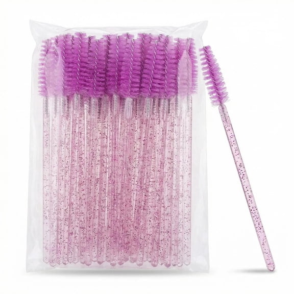 50Pcs Disposable Lash Mascara Brushes, Spiral Lash Brush Applicators with Crystal Handles, Applicator Brow Brush Makeup Set, Lash Brush Makeup Tool, Purple