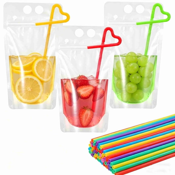 50Pcs Drink Pouches with 50 Straws, 16oz Reclosable Juice & Liquor Pouches for Adults | Drink Pouches for Adults Alcohol, Juice Pouches for Adult  Freezable for Hot/Cold Drinks