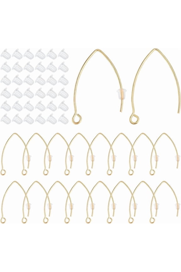 50Pcs Earring Hooks V Shape Stainless Steel Earring Hooks 0.7mm Pin Ear Wire with Loop Golden Dangle Earring Findings 80Pcs Plastic Ear Nuts for Dangle Earrings Jewelry Making 31x20x0.8mm Clear DIY