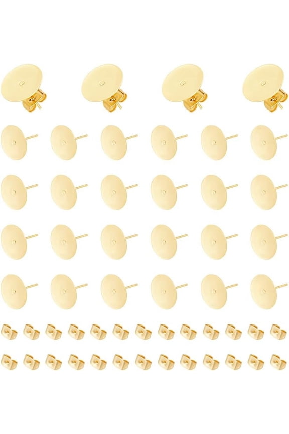 50Pcs Earring Posts 24K Gold Plated Stud Earring Findings 12mm Flat Pad Earring Studs and 50Pcs Ear Backs Stainless Steel Flat Back Blank Earring Studs Earring for DIY Jewellery Making