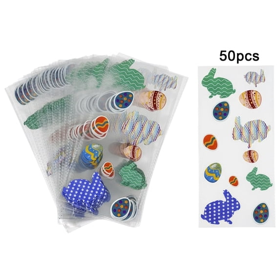 50Pcs Easter Bags, Easter Cellophane Bags, 4 Assorted Styles Easter Treat Goodies Bags with Twist Ties for Cookie Candy