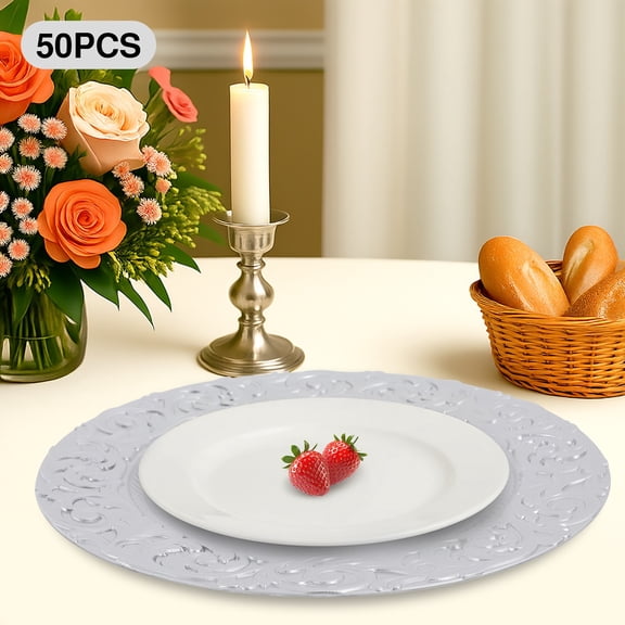 50Pcs Exquisite Appearance Plastic Silver Antique Decorative Plate for Table Dinner Kitchen Party