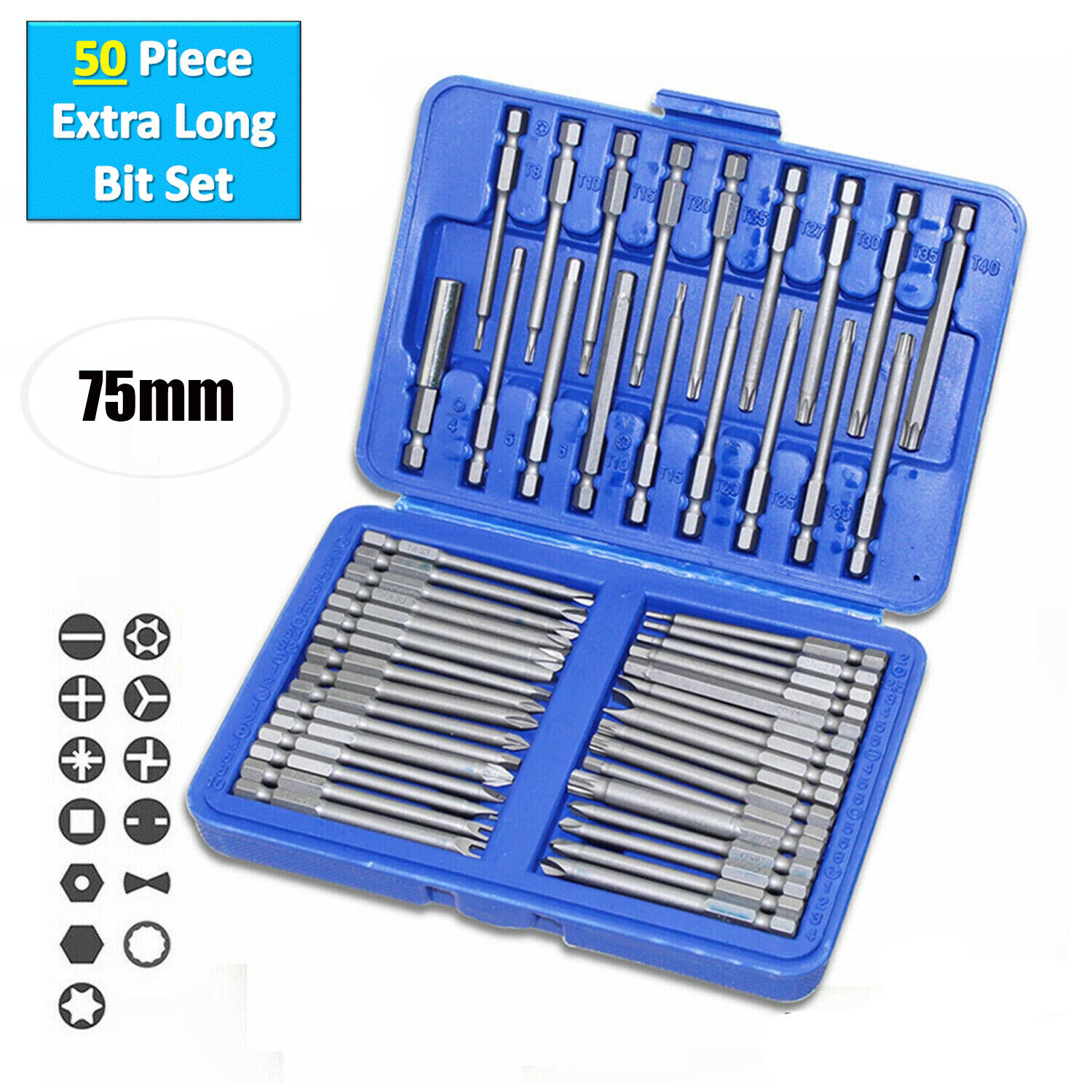 50Pcs Extra Long Security Bits Hex Torx Star Spline Flat Screwdriver