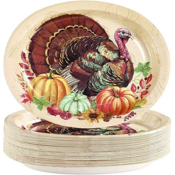 50Pcs Fall Thanksgiving Oval Paper Plates 10" x 12" Large Heavy Duty Autumn Vintage Turkey Pumpkin Platters Watercolor Turkey Disposable Plate for Harvest Thanksgiving Gather Party Supplies Decoratio