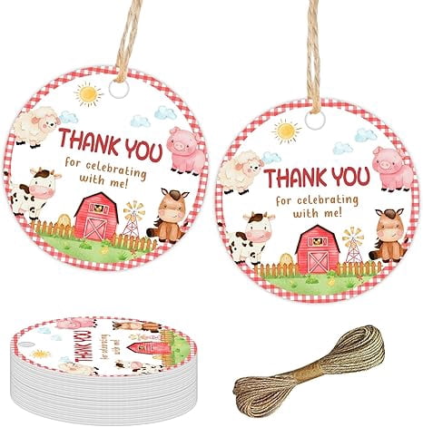 50Pcs Farm Animals Thank You Tags Round Barnyard Gift Tag with String ...