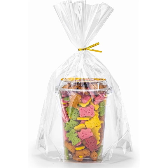 50Pcs Flat Bottom Cellophane Bags, 9.8x14x 3.8" Clear Goodie Baggies with Twist Ties for Party Favor Packaging, Cookie, Popcorn, Candy, Mug Wrapping