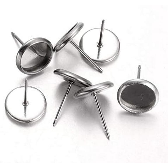 50Pcs Flat Round Earring Posts Stainless Steel Stud Earring Settings Stainless Steel Color Flat Pad Earring Studs for Jewelry Making Findings for DIY