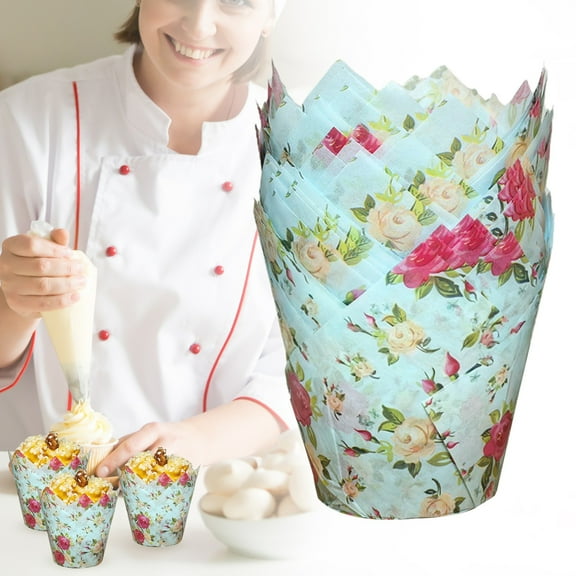 50Pcs Floral Tulip Cupcake Liners Greaseproof Muffin Baking Liners Pink Flower Tulip Cupcake Wrappers Baking Cup for Spring Wedding Bridal Shower Birthday Tea Party Decor