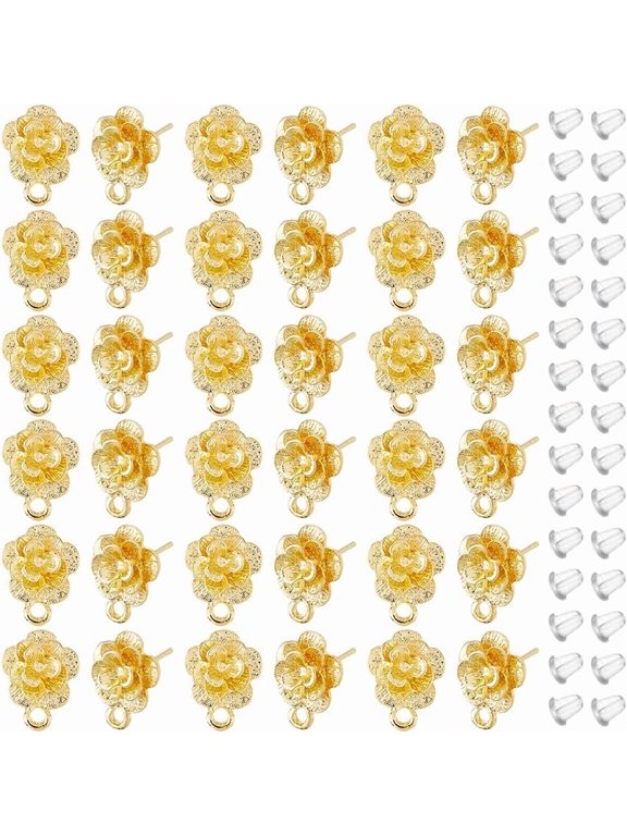 50Pcs Flower Earring Finding Flower Earrings Stud 14x11mm Gold Spring Earrings Studs Alloy Earring Stud with Loop with 100Pcs Plastic Ear Nuts for DIY handcrafting
