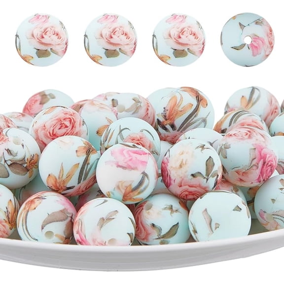 50Pcs Flower Printed Silicone Beads Round Silicone Focal Beads Floral Rubber Bead 15mm Large Focal Bead