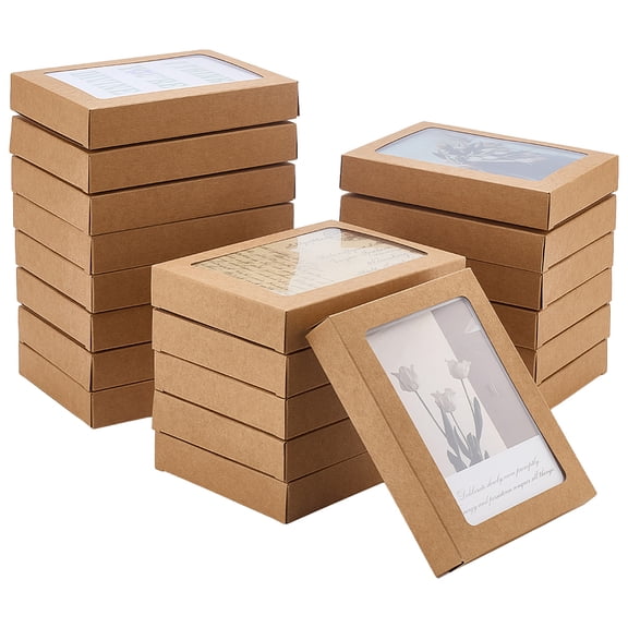 50Pcs Foldable Kraft Paper Candy Boxes with Visible Window for Postcard Gift Packaging Rectangle BurlyWood 15.2x11.5x2.5cm