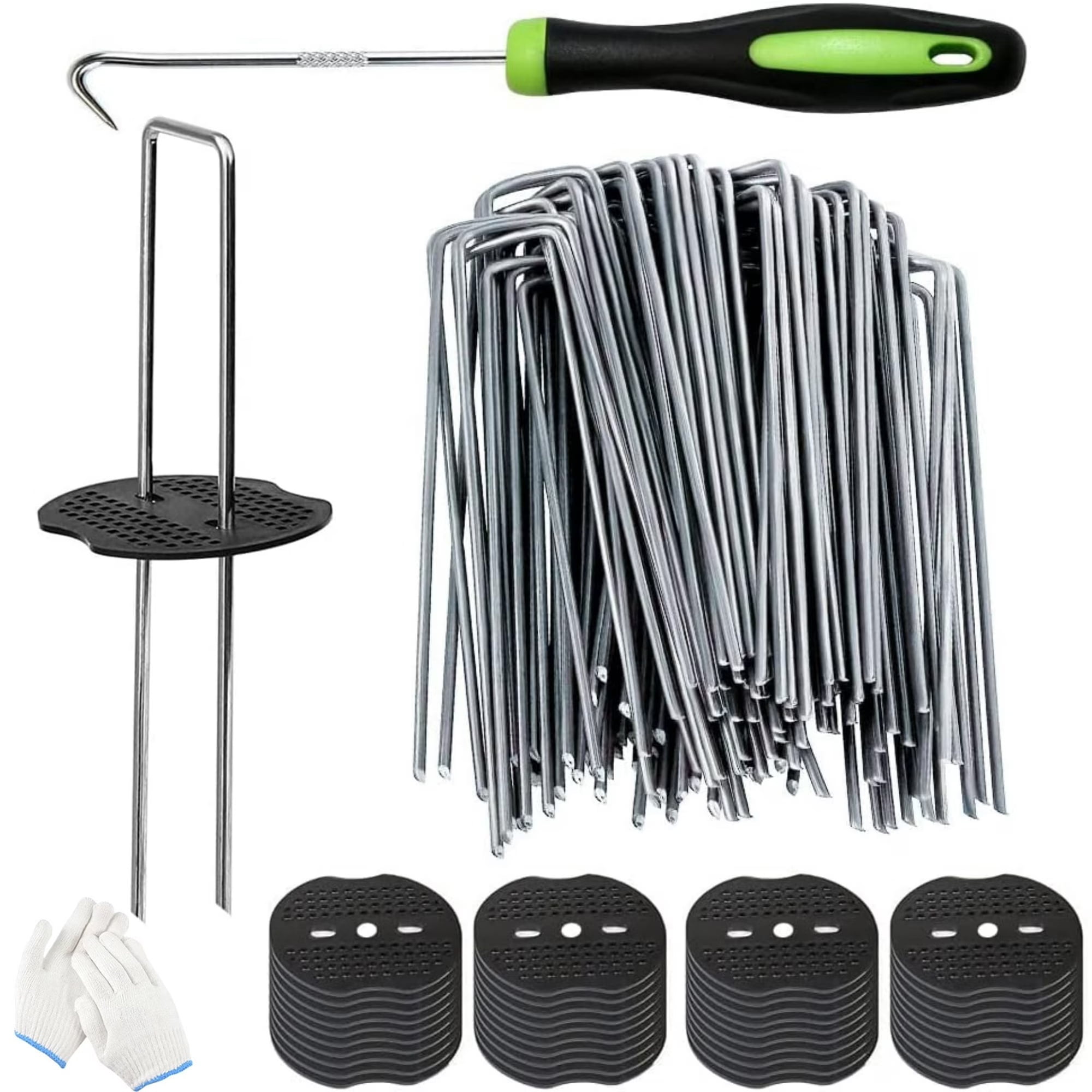 50Pcs Garden Stakes Staples + 50Pcs Gasket, BAKIBO 6 Inch Lawn Landscape Staples 11 Gauge U Shaped Galvanized Landscape Pins, Heavy Duty Yard Ground Pin for Weed Barrier Sod Fabric Decorations - 6"