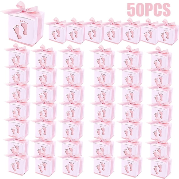 50Pcs Gender Reveal Gift Boxes with Ribbon, Pink Blue Footprint Party Favor Boxes, Cute Treat Boxes for Gender Reveal Party Decorations Gift Packaging Candy Boxes for Guests
