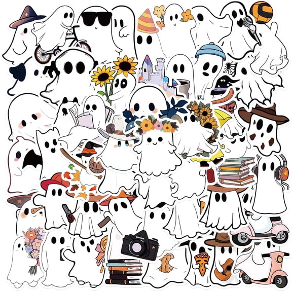 50Pcs Ghost Stickers Pack, Aesthetic Vinyl Waterproof Halloween Sticker Decals for Water Bottle,Laptop,Phone,Skateboard,Scrapbooking,Bumper Choice for Teens Adults Fans for Party Supply (Ghost)