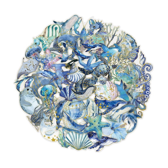 50Pcs Gold Foil Marine Creature Sticker Waterproof PET Sticker For Journal Notebook Scrapbook Phone Laptop Decoration