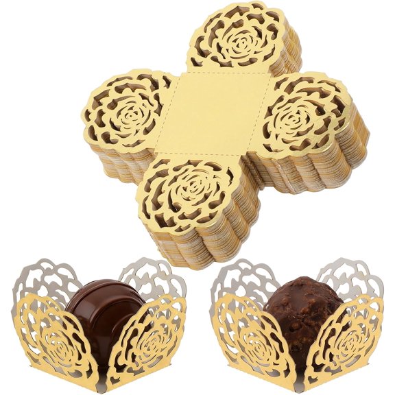 50Pcs Gold Hollow Rose Truffle Wrappers, 1.37x1.37x1.3 Inch Lace-Style Chocolate & Candy Cups, Small Flared Paper Baking Liners for Wedding, Birthday & Party Dessert Tables