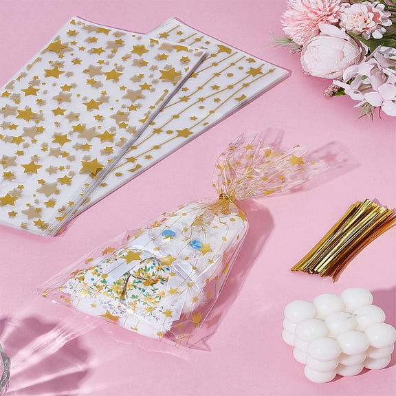 50Pcs Gold Stamping Star Clear Cellophane Bags Rectangle Pouch with 50Pcs Wire Ties Gift Wrapping Bags for Packaging